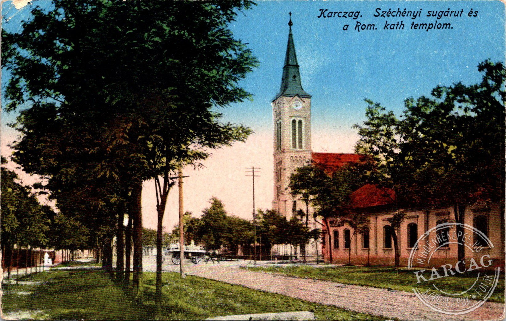 Karczag. Széchényi sugárut és a Rom. kath templom.