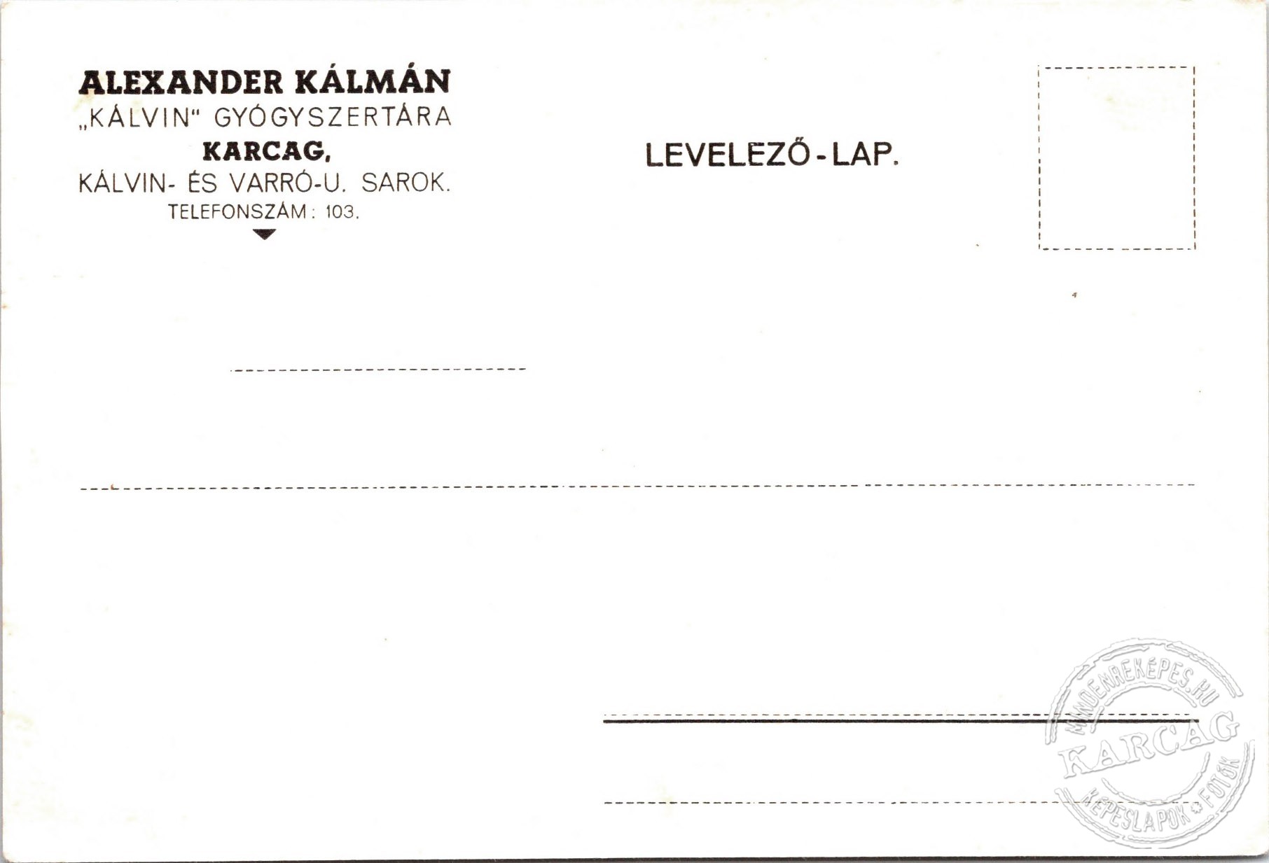 Alexander Kálmán gyógyszertára - Levelező-lap