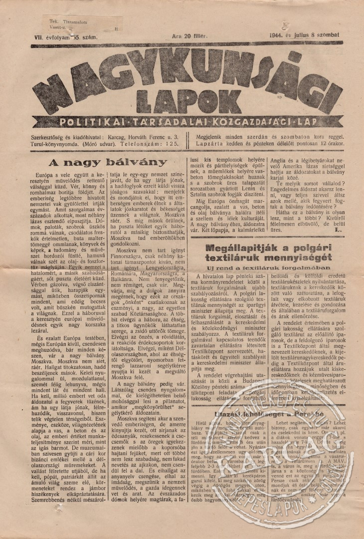 NAGYKUNSÁGI LAPOK - 1944. július 8.