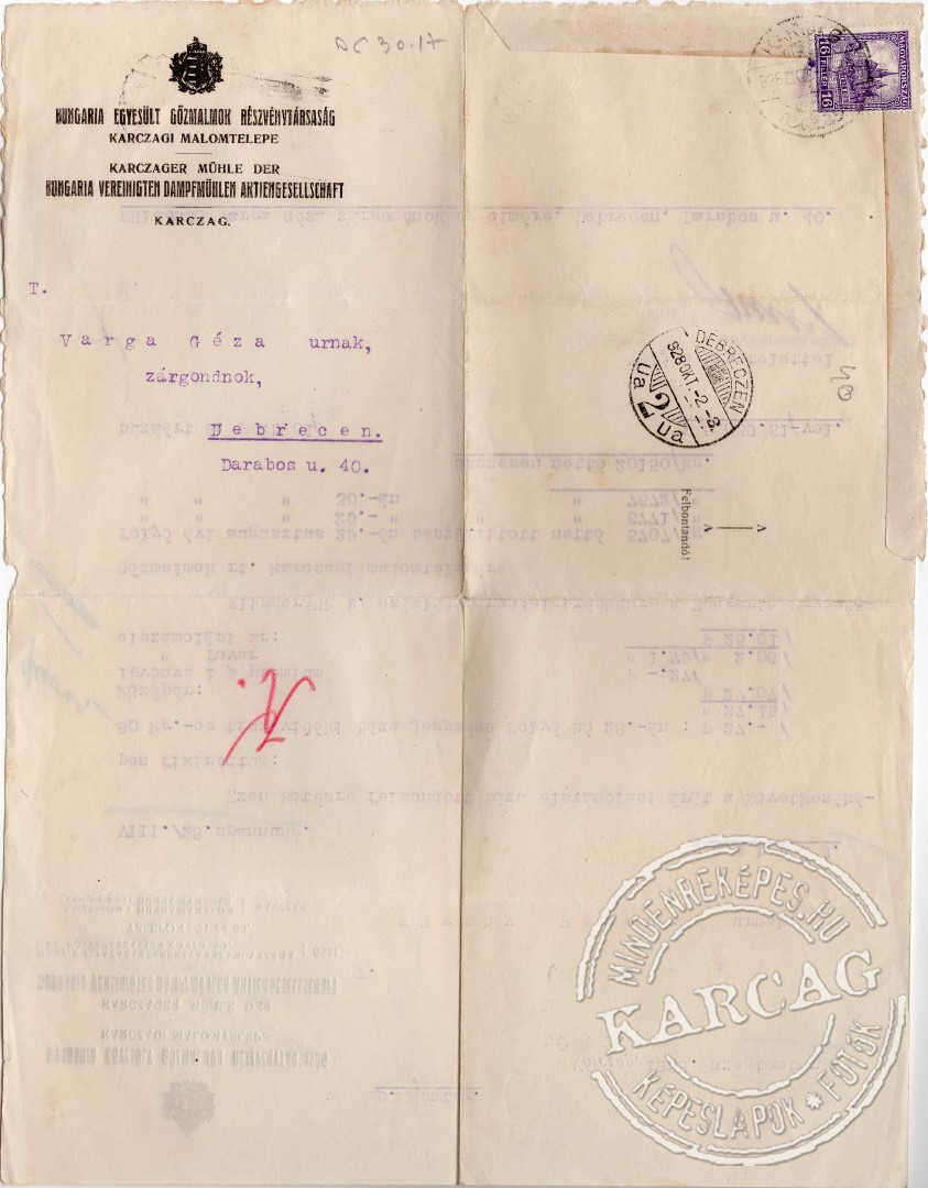 Hungária Malom - fejléces levél 1928-ból