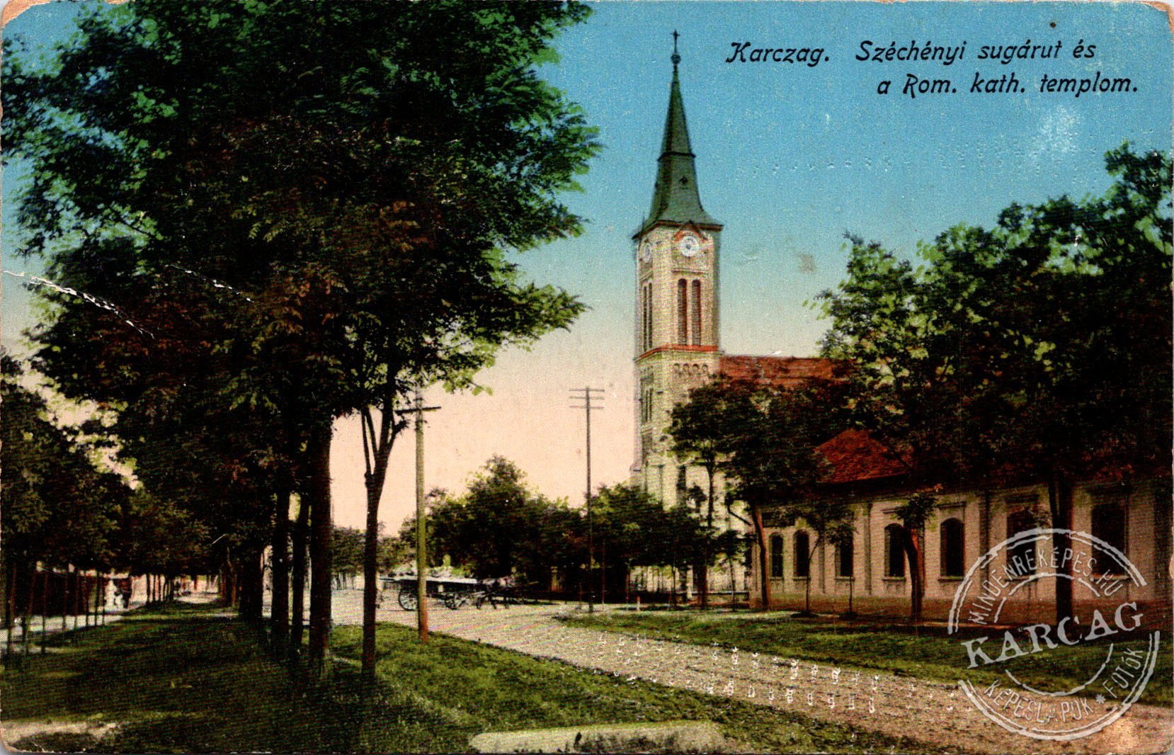 Karczag. Széchényi sugárut és a Rom. kath. templom.